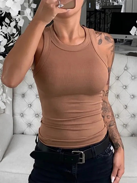 Camiseta sin mangas acanalada con cuello redondo para mujer